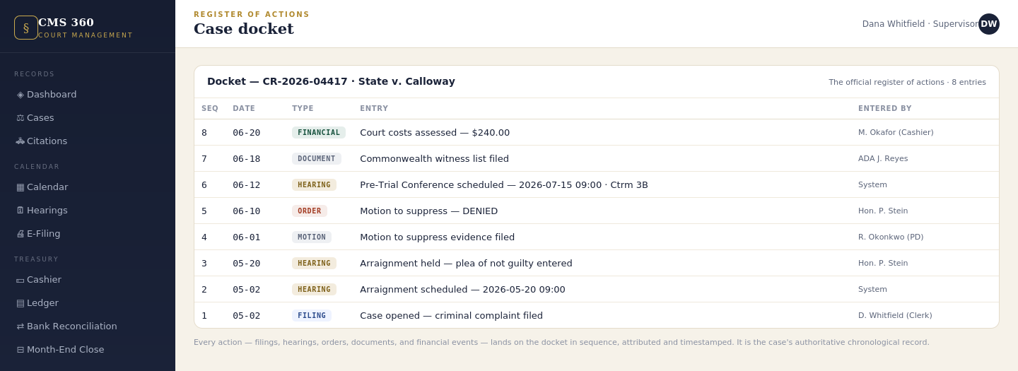 CMS 360 register of actions and docket