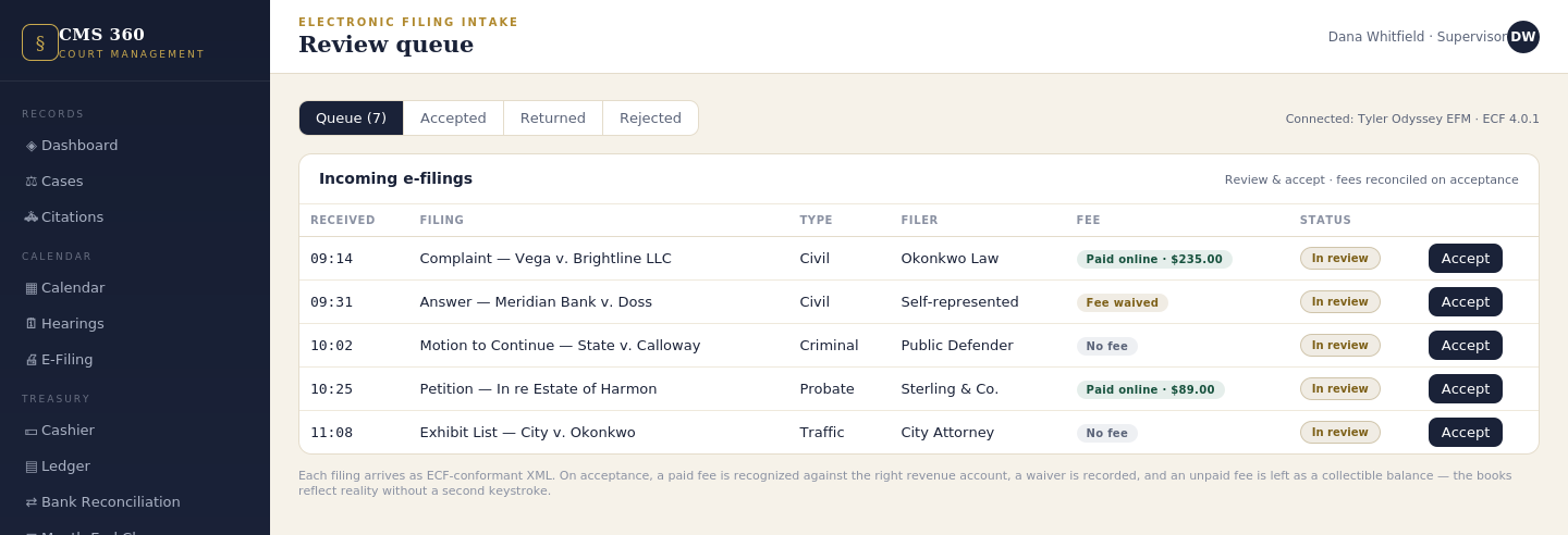 CMS 360 e-filing review queue
