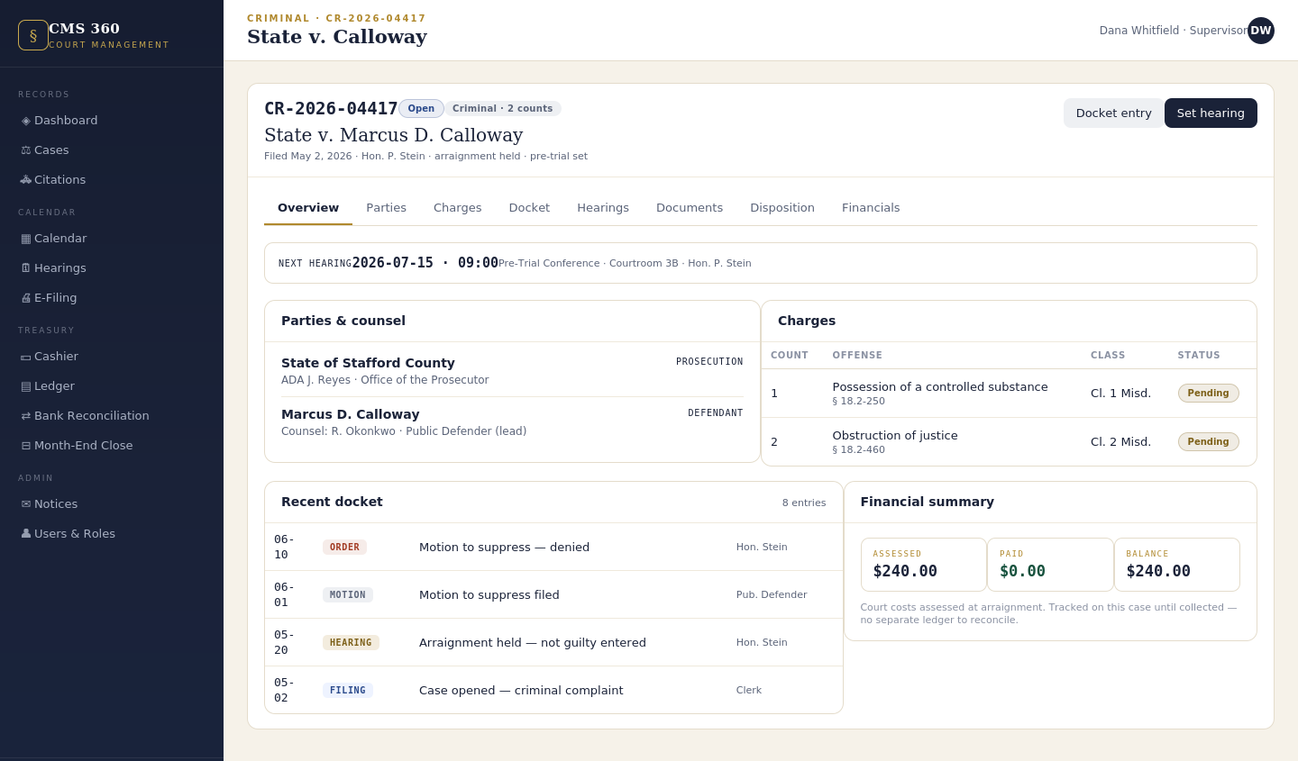 CMS 360 case record overview with parties, charges, docket and financials